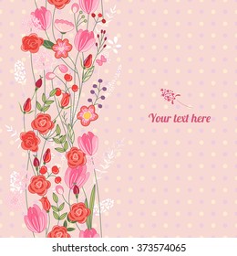 Floral spring template with cute bunches of wild roses. For romantic and easter design, announcements, greeting cards, posters, advertisement.