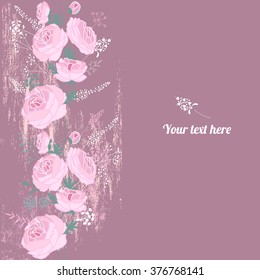 Floral spring template with cute pink roses. For romantic and easter design, announcements, greeting cards, posters, advertisement.