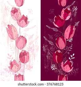 Blumenfedervorlage mit eleganten Tulpen. Weißer und dunkler Hintergrund. Endloses Muster. Für Romantik und Osterdesign, Ankündigungen, Grußkarten, Poster, Werbung.