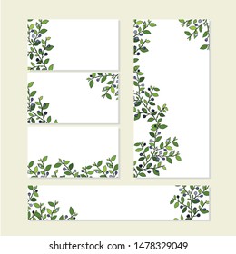 Floral spring template set with cute bunches of bue fruit green leaves blueberry on white. For romantic design, announcements, greeting cards, posters, advertisement, gardening stock vector illustrati