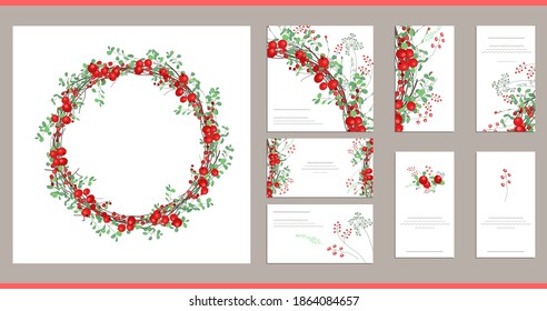 Floral spring templates with cute berries and herbs.  For romantic and season design, announcements, greeting cards, posters, advertisement.