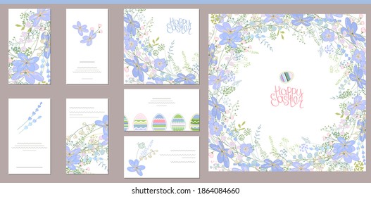 Floral spring templates with cute blue flowers.  For romantic and easter design, announcements, greeting cards, posters, advertisement.