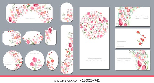 Floral spring templates with cute bunches of red tulips.  For romantic and easter design, announcements, greeting cards, posters, advertisement.