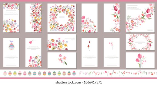 Floral spring templates with cute bunches of red tulips.  For romantic and easter design, announcements, greeting cards, posters, advertisement.