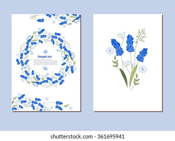 Floral spring templates with cute bunches of muscari. For romantic and easter design, announcements, greeting cards, posters, advertisement.