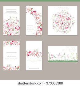 Floral spring templates with cute bunches of red tulips. For romantic and easter design, announcements, greeting cards, posters, advertisement.