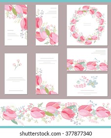 Floral spring templates with cute bunches of red tulips. For romantic and easter design, announcements, greeting cards, posters, advertisement.
