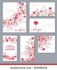 Floral spring templates with cute bunches of red roses.  For romantic and wedding design, announcements, greeting cards, posters, advertisement.