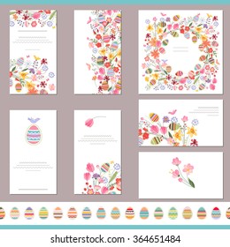 Plantillas de primavera florales con flores tiernas y huevos pintados. Pincel horizontal sin fin con huevos. Para el diseño romántico y de Semana Santa, anuncios, tarjetas de felicitación, carteles, publicidad.