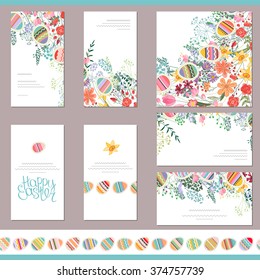 Floral spring templates with cute flowers and painted eggs. Endless horizontal pattern brush with eggs. For romantic and easter design, announcements, greeting cards, posters, advertisement.