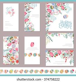 Floral spring templates with cute flowers and painted eggs. Endless horizontal pattern brush with eggs. For romantic and easter design, announcements, greeting cards, posters, advertisement.