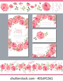 Floral spring templates with cute red roses. Endless horizontal pattern brush. For romantic and wedding design, announcements, greeting cards, posters, advertisement. 