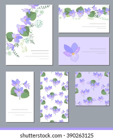 Floral spring templates with cute wild violas. For romantic and easter design, announcements, greeting cards, posters, advertisement.