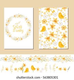 Floral spring templates with cute yellow flowers and chickens. Endless horizontal pattern brush and isolated objects. For romantic and easter design, announcements, greeting cards, advertisement.