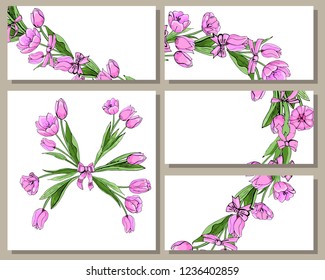 Floral spring templates with hand drawn bunches of pink tulips. Elements for romantic and easter design, announcements, greeting cards, posters, advertisement. Vector illustration on white background