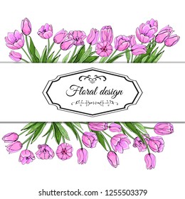 Floral spring templates of  hand drawn pink tulips. Elements for romantic and easter design, announcements, greeting cards, posters, advertisement. Vector illustration on white background