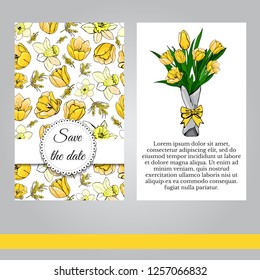 Floral spring templates of  hand drawn yellow tulips, narcissus and mimosa flowers. Elements and bouquet for romantic design, announcements, greeting cards, posters, advertisement, invitation.Vector.