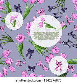 Floral spring templates of  hand drawn pink tulips and violet irises. Elements for romantic design, announcements, greeting cards, posters, advertisement, invitation. Vector illustration.