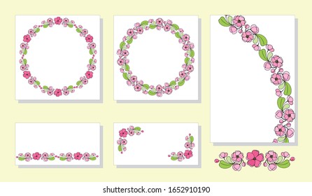 Floral spring templates with pink cherry blossom and buds.
Vector illustration for romantic and wedding design, announcements, greeting cards, posters, advertisement.
