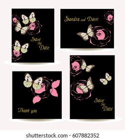 Floral spring templates with roses and butterflies. Wedding design, thank you cards, announcements, greeting cards, posters, advertisement.