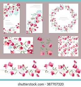 Floral spring templates with sweet peas. Decorative elements, endless pattern brush  and round frame. For romantic and summer design, announcements, greeting cards, posters, advertisement.