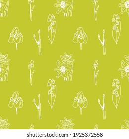 Floral spring vector pattern on yellow green background.