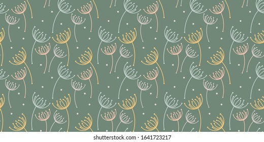 Floral spring vintage seamless pattern with dandelion seeds on green background. Backdrop design for wallpaper or clothes