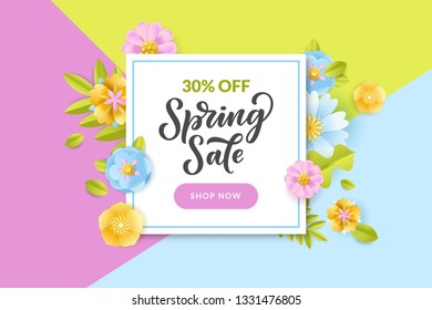 Floral spring white frame on colorful background. Vector discount and sale banner, flyer, poster template. Papercut style illustration of beautiful flowers and hand drawn calligraphy lettering.