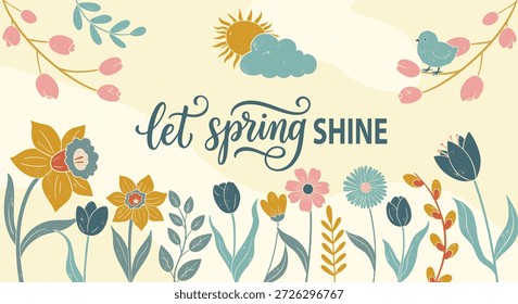 Banner floral da primavera em estilo texturizado plano. Pastel cartaz botânico com texto deixe a primavera brilhar.  