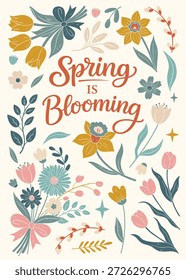 Cartaz floral da primavera em estilo texturizado plano. Cartão botânico vintage com texto primavera está florescendo