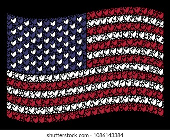 Floral sprout pictograms are grouped into waving United States flag stylization on a dark background. Vector collage of American state flag is made of floral sprout items.