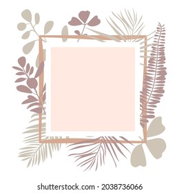 Floral Square Border Frame With Palm Leaves And Tropical Plants. Copy Space For Text. Flat Vector Illustration Isolated On White Background