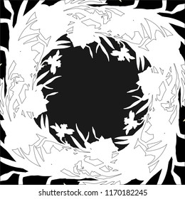 Floral square border with silhouettes hand drawn flowers daffodils, narcissus. Monochrome floral elements on black backgraund. For wedding diesign, greting card mockup.