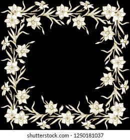 Floral square botanical frame with hand drawn flowers daffodils, narcissus. For wedding invitation design, greeting card, mockup, foto frame. Vector Illustration.