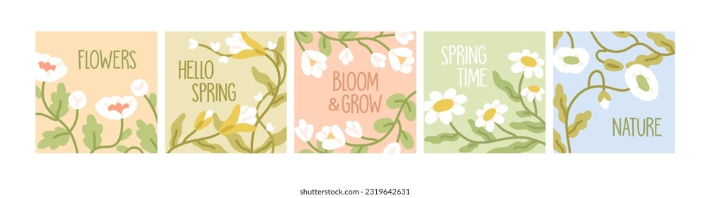 Floral square cards set. Cute nature postcard templates with spring blooming flowers and leaves. Minimal botanical background designs with field plants, wildflowers. Colored flat vector illustrations