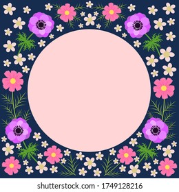 Floral square frame around circle blank space. Colourful flowers pattern bloom on classic blue background. Botanical illustration.