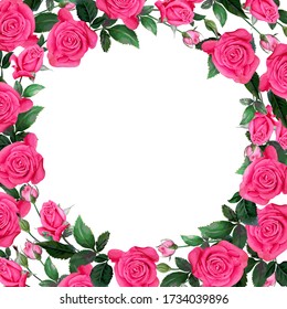 Floral square frame of beautiful pink rose flowers and green leaves on a white background. Place for text. Vector stock illustration.