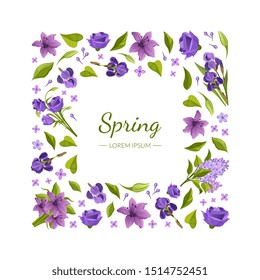 Floral Square Frame with Beautiful Spring Flowers, Design Element Can Be Used for Flyer, Invitation, Poster, Banner, Greeting Card Vector Illustration