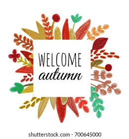 Floral square frame, border or background. Cute modern flowers & leaves perfect decorative elements.Hand drawn by pencils. Vector cartoon banner for autumn mood.