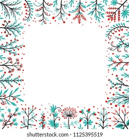Floral Square Frame. Design Plant Elements Vector Set. Doodle Branches with Leaves, Flowers and Berries