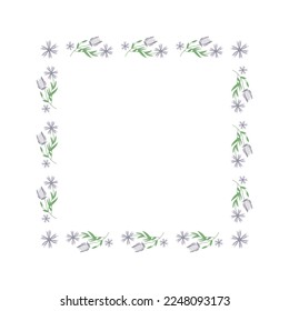 Floral square frame. Flower geometric spring decorative border for photo or for text. Decorative element for Easter postcard or folk wedding invitation. Mother's day, Women's day festive natural frame