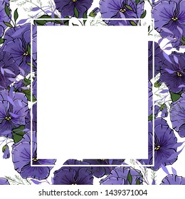 Floral square frame with flowers violet pansies and green leaves on white background. Suitable for your design, invitations, gifts, posters, postcard.
