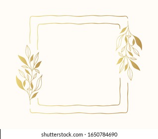 Floral Square Frame With Golden Branches. Gold Botanical Invitation Border For Wedding Card. Vector Isolated Spring Flourish Card. 