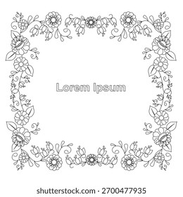 Marco cuadrado floral, Lorem Ipsum, monocromo esquema Ilustración vectorial de archivo para el Web, para imprimir, para libro de colorear para adultos, para niños página para colorear