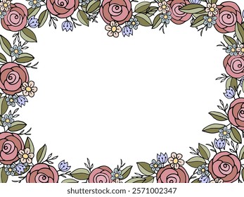 Floral square frame with pink roses, blue flowers, yellow daisies, and green leaves on a white background. Ideal for invitations, greeting cards, and decorative designs