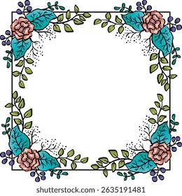 Floral Square Frame with Roses and Leaves Decoration
