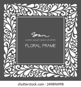 Floral square frame. Vector floral decoration made from swirl shapes. Greeting, invitation card. Simple decorative gray and white illustration for print, web.