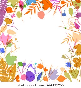 floral square frame wreath of flowers, natural design leaves flowers. Spring summer design for invitation, wedding greeting cards. Lavender purple blue pink ivory silhouette, white background. Vector