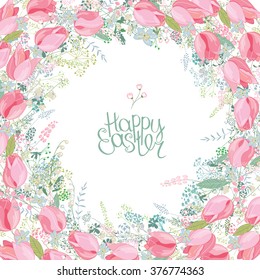 Floral square greeting card with stylized herbs and red tulips.  Phrase Happy Easter. 