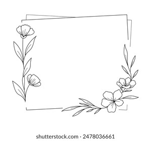 Floral and square hand drawn style. Floral black and white frame of twigs, leaves and flowers. Frames for the Valentine's day, wedding decor, logo and identity template.